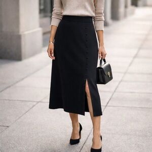 SHEIN Black A-Line Midi Skirt Size M with Side Button Detail Classic Chic Style
